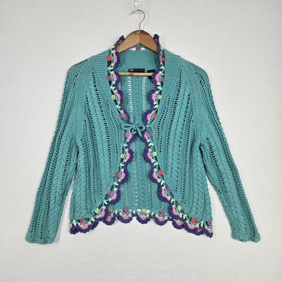 VTG Relativity Cardigan Sweater sz L* Teal Tie Front Cotton Boho Cottagecore - Picture 16 of 16